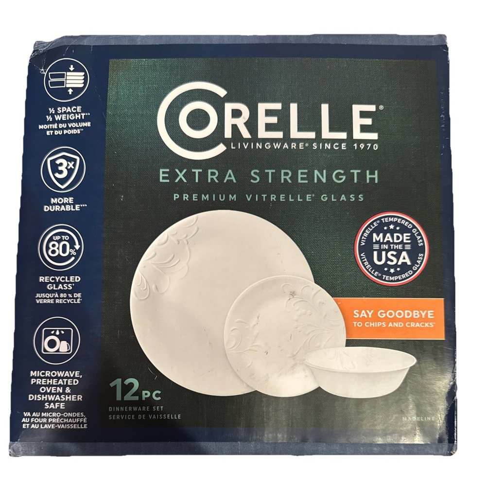 Corelle 12-Piece Modern Round Extra Strength Dinnerware Set, White